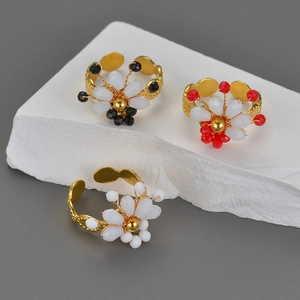 Bague Ajustable Perles De Fleurs Fait Main En Acier Inoxydable Cristal Bijoux Pour Femmes Élégante Bague Fleur Artisanale