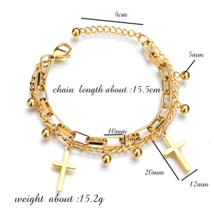 Bracelet double couche doré avec croix et petites perles pour un style punk hip hop