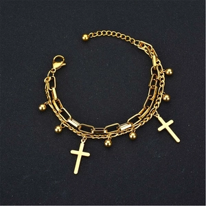 Bracelet Double Chaîne Acier Inoxydable Pendentifs Croix Perles Hip Hop Bijoux Vintage Réglable Hommes Femmes
