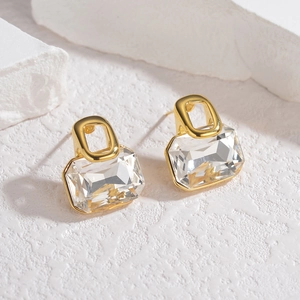 18k gold stainless steel geometric stud earrings with large clear rectangle crystals