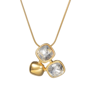 18K gold plated stainless steel necklace with square cubic zirconia and metal ball pendant