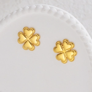 French vintage 18K gold plated stainless steel four-leaf clover heart stud earrings