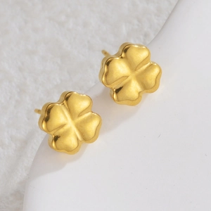 Minimalist four-leaf clover stainless steel stud earrings in polished 18K gold finish