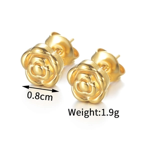 Detailed view of 18K gold stainless steel rose stud earrings with weight and size info