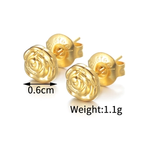 Detailed macro view of 18K gold plated stainless steel rose stud earrings with size marking