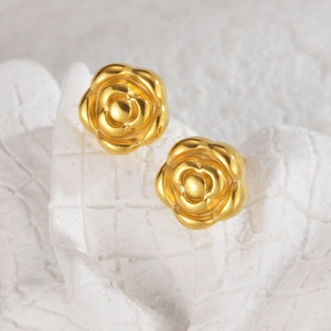 Vintage golden rose stud earrings in titanium steel with a layered flower design