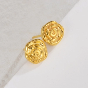 Retro golden rose stud earrings in titanium steel with 3D embossed petal design