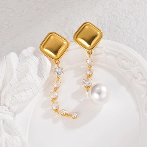 Asymmetric gold stainless steel earrings with sparkling zircon tassels and elegant pearls