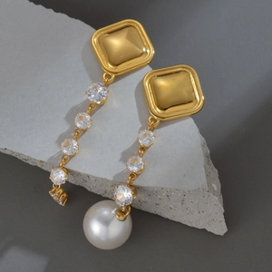 Asymmetric Dangle Earrings Stainless Steel Geometric Square Stud Zircon Tassel Faux Artificial Pearl Long Drop Fashion Jewelry For Women
