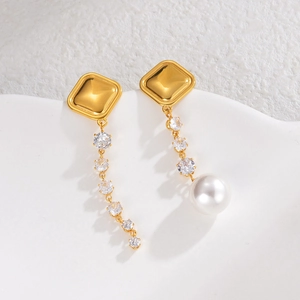 Elegant asymmetrical long tassel pearl drop earrings with gold square studs and zircons