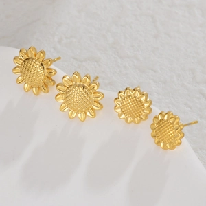 French vintage golden sunflower stud earrings set in minimalist stainless steel