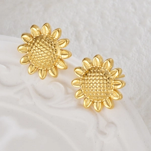 French vintage 18K gold plated stainless steel sunflower stud earrings with detailed petals