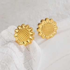 French retro gold sunflower stud earrings made of stainless steel with petal detail
