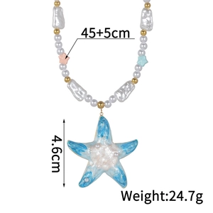 Detail view of pearl necklace with blue starfish pendant and size measurements in cm