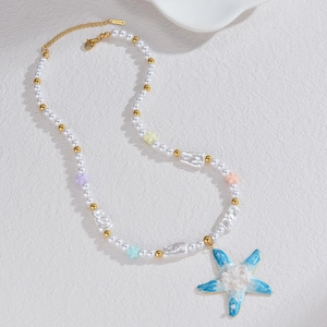 Colorful pearl necklace with blue starfish pendant and star beads in stainless steel