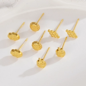 Golden geometric stud earrings set featuring sun, honeycomb, beetle and cloud designs