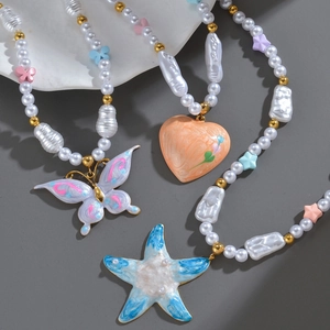 Bohemian Artificial Pearl Necklace Stainless Steel Colorful Enamel Butterfly Heart Starfish Pendant Sweet Jewelry For Women