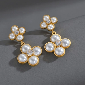 French Vintage Flower Dangle Earrings Stainless Steel Faux Artificial Pearl Zircon Elegant Luxury Jewelry For Women