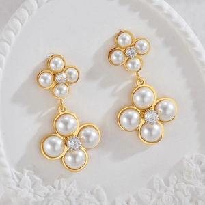 Elegant gold-tone double-layered pearl clover drop earrings with zircon accents