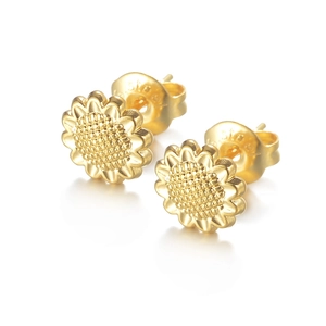 Elegant gold sunflower stud earrings in stainless steel with detailed floral texture