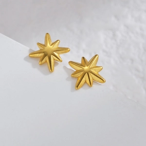 Exquisite gold eight-pointed star stud earrings with brushed metal finish on white stand