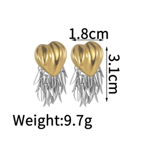 Detail view of heart tassel earrings with dimensions 1.8cm width and 3.1cm length