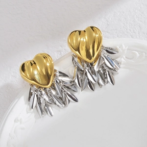 304 stainless steel heart tassel earrings featuring a two-tone gold and silver metallic design