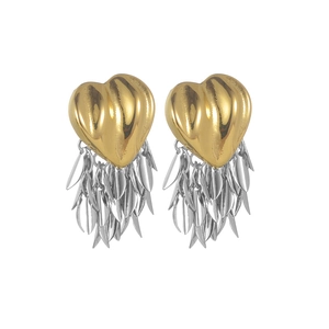 Fashionable stainless steel heart stud earrings with silver leaf tassels on white background