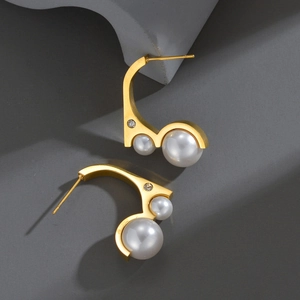 Boucles D'oreilles Créoles Künstliche Perles En Acier Inoxydable Plaqué Or 18K Zircon Géométrique Bijoux Minimalistes Pour Femmes