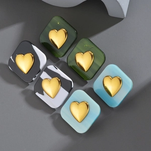 Geometric Square Stud Earrings Stainless Steel Resin Heart Design Unique Dopamine Style Fashion Jewelry For Women