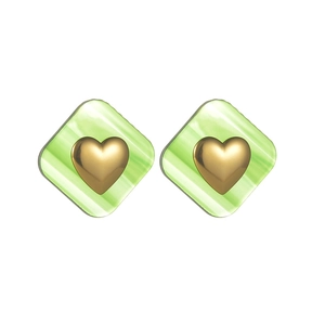 Retro geometric green acrylic stud earrings with golden heart center for women
