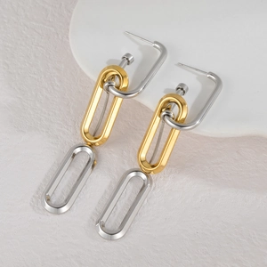 Two-tone geometric 304 stainless steel drop earrings with gold and silver oval links
