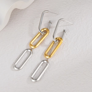 Modern bicolor geometric link earrings with gold and silver oval chain drops for women