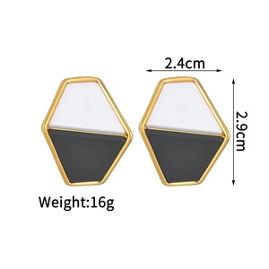 Minimalist geometric hexagon stud earrings in 18K gold finish with black and white panels