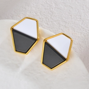 French vintage irregular hexagonal geometric earrings in gold with black and white enamel