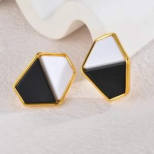 Chic 2025 geometric contrast color stud earrings with gold frame and enamel inlay