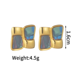 Detailed view of geometric square studs with iridescent coating and 1.6cm size guide