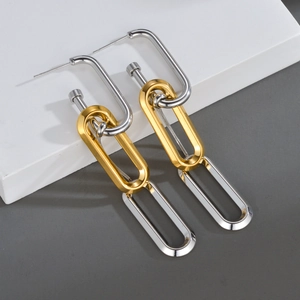 Stainless Steel Dual Tone Geometric Interlocking Oval Ring Tassel Drop Earrings For Women Modern Industrial Style