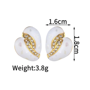 18K gold plated heart stud earrings with white enamel and sparkling zircon accents
