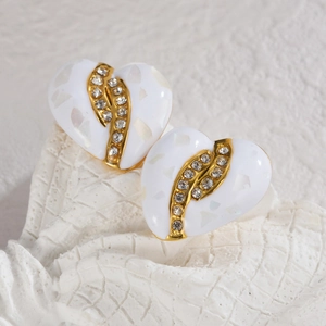 Elegant 18K gold plated heart stud earrings with mother of pearl and crystal inlay