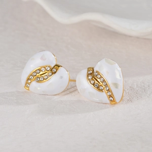 18K gold plated stainless steel heart stud earrings with shell inlay and rhinestones