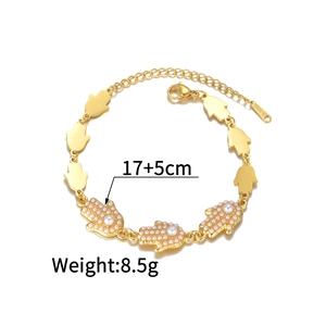 Bracelet main de Fatma en acier inoxydable doré 18K avec perles, longueur réglable 17+5cm