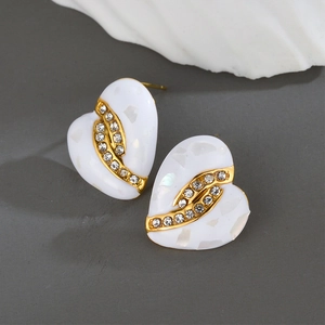 Heart Stud Earrings Gold Plated Stainless Steel White Enamel Rhinestone Elegant Luxury Fashion Jewelry For Women