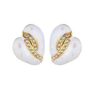 Elegant 18K gold plated heart stud earrings with white enamel and sparkling zircons