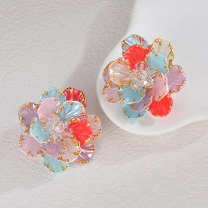 Colorful floral earrings with gold-edged acrylic petals and crystal centers in vibrant colors