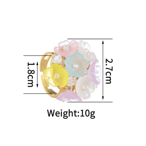 Detailed size view of colorful floral ring showing 2.7cm flower cluster and 1.8cm band