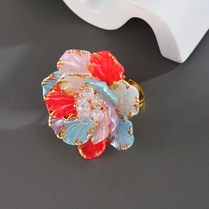 Bague Fleur Baroque Rétro En Acier Inoxydable Ajustable Émail Coloré Avec Centre En Cristal Pour Femmes Bijoux