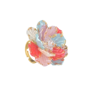 Bague fleurie colorée vintage en acier inoxydable avec bord doré et anneau réglable