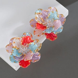 Flower Stud Earrings Stainless Steel Colorful Acrylic Petals Crystal Center Gold Rimmed Dopamine Style For Women