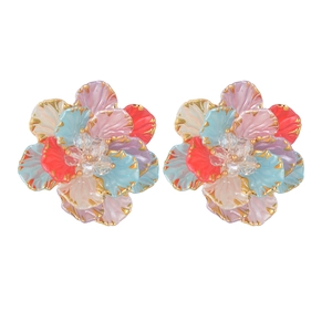 Colorful acrylic flower stud earrings with gold edges and crystal centers for women